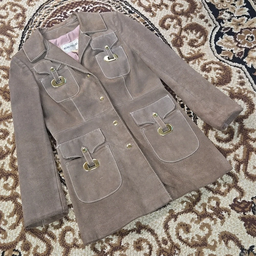 Irving Posluns 1970s Suede Coat Leather Jacket with Gold Hardware 70s Retro Fall - Picture 8 of 16